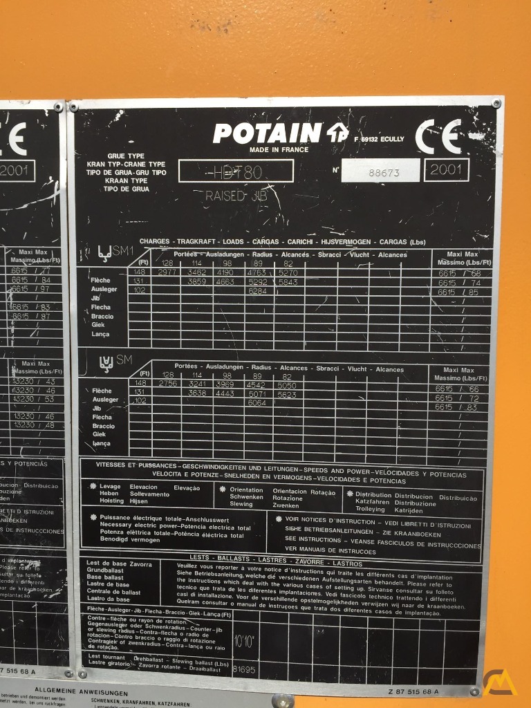 2001 Potain HDT80 6.6-Ton Tower Crane 4