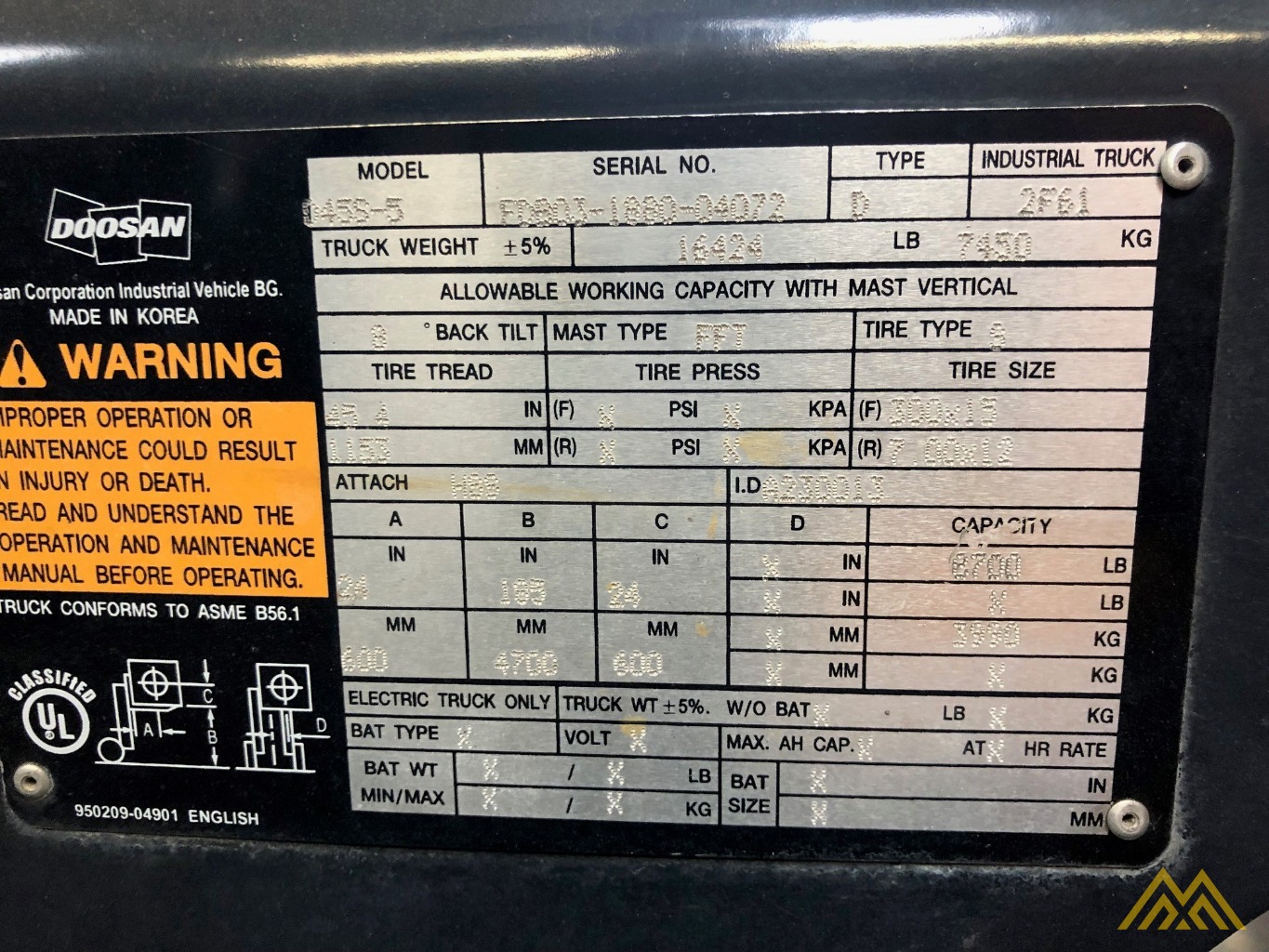 2013 Doosan D45S-5 8,700 lb. Fork Lift 3
